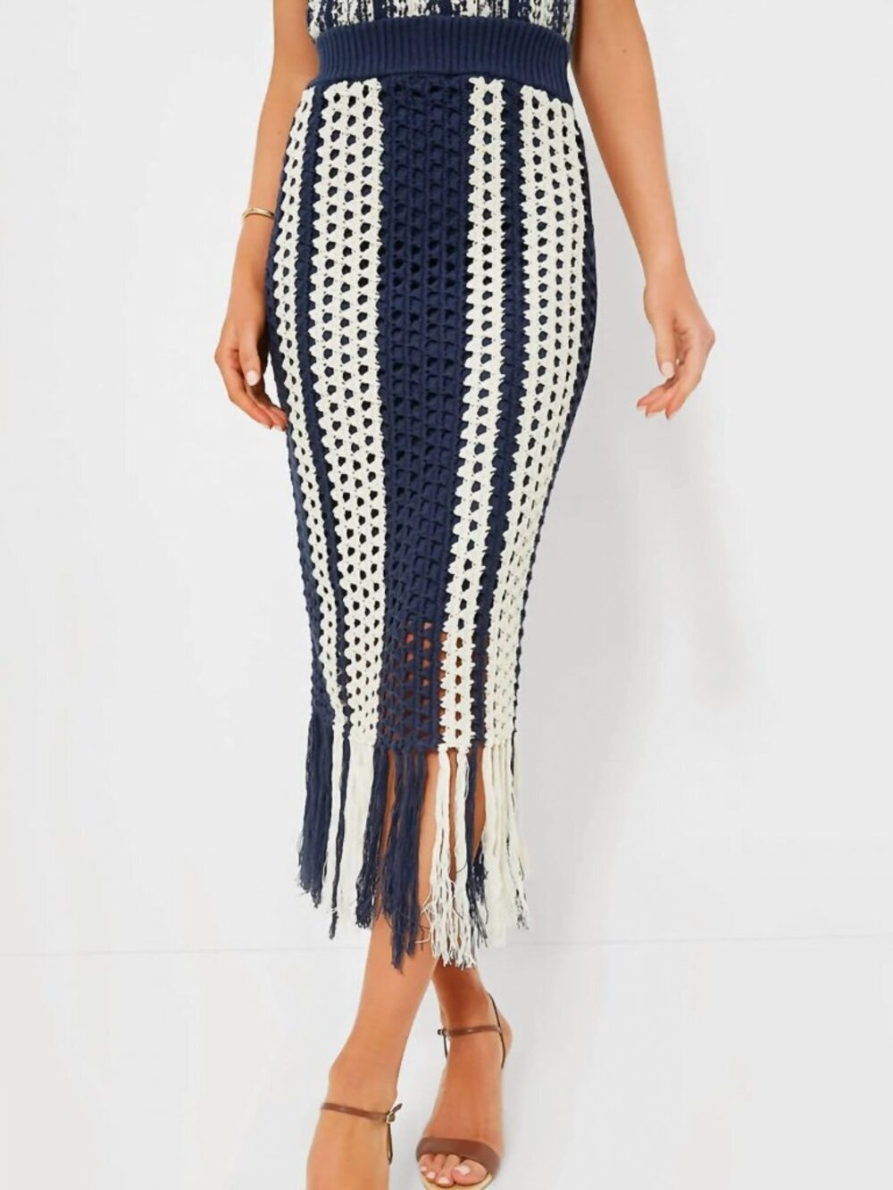 NWT Moon River Navy Ivory Crochet Fringe Midi Skirt Size Large